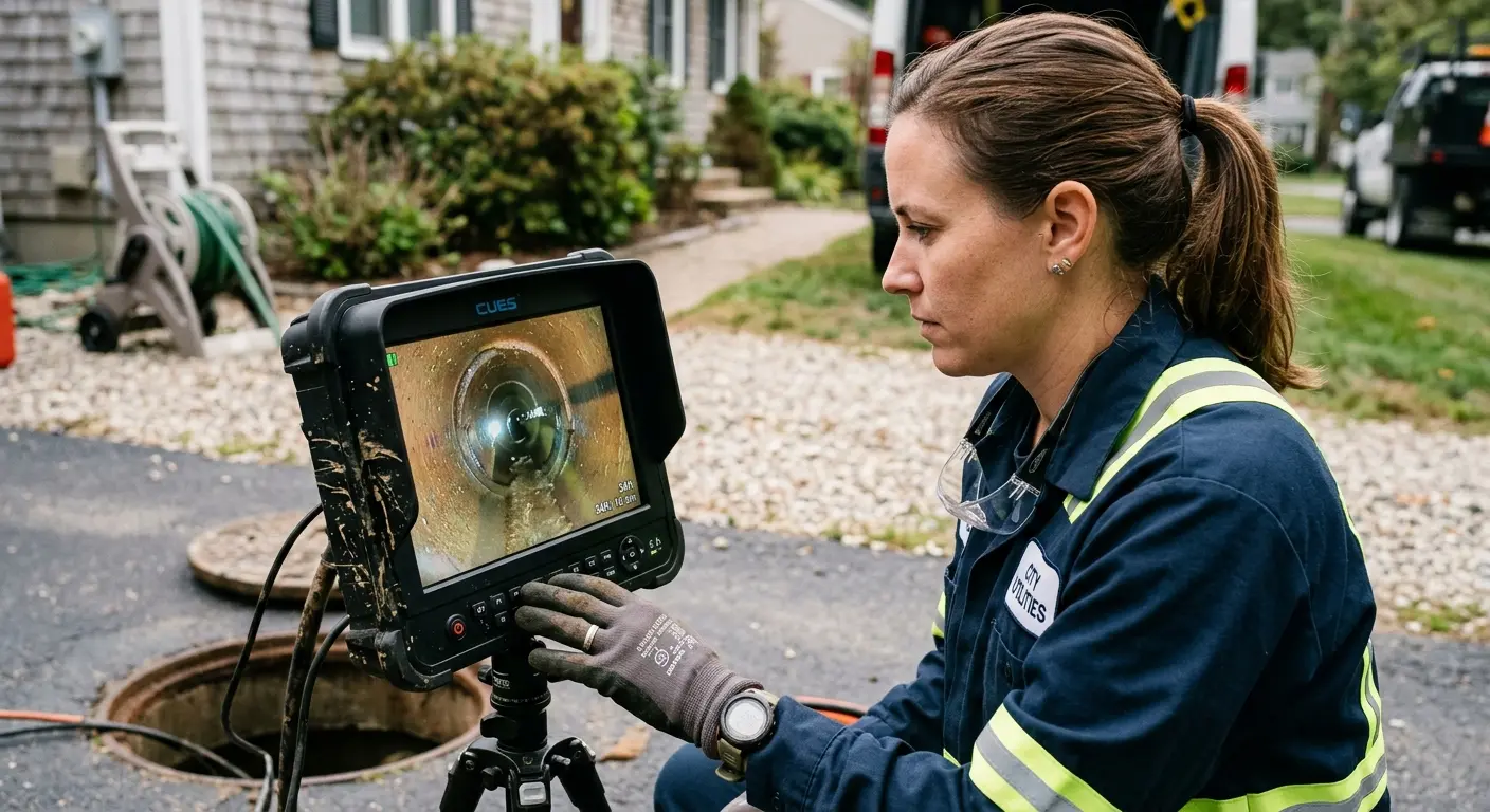 Technician reviewing sewer camera inspection footage in Boone