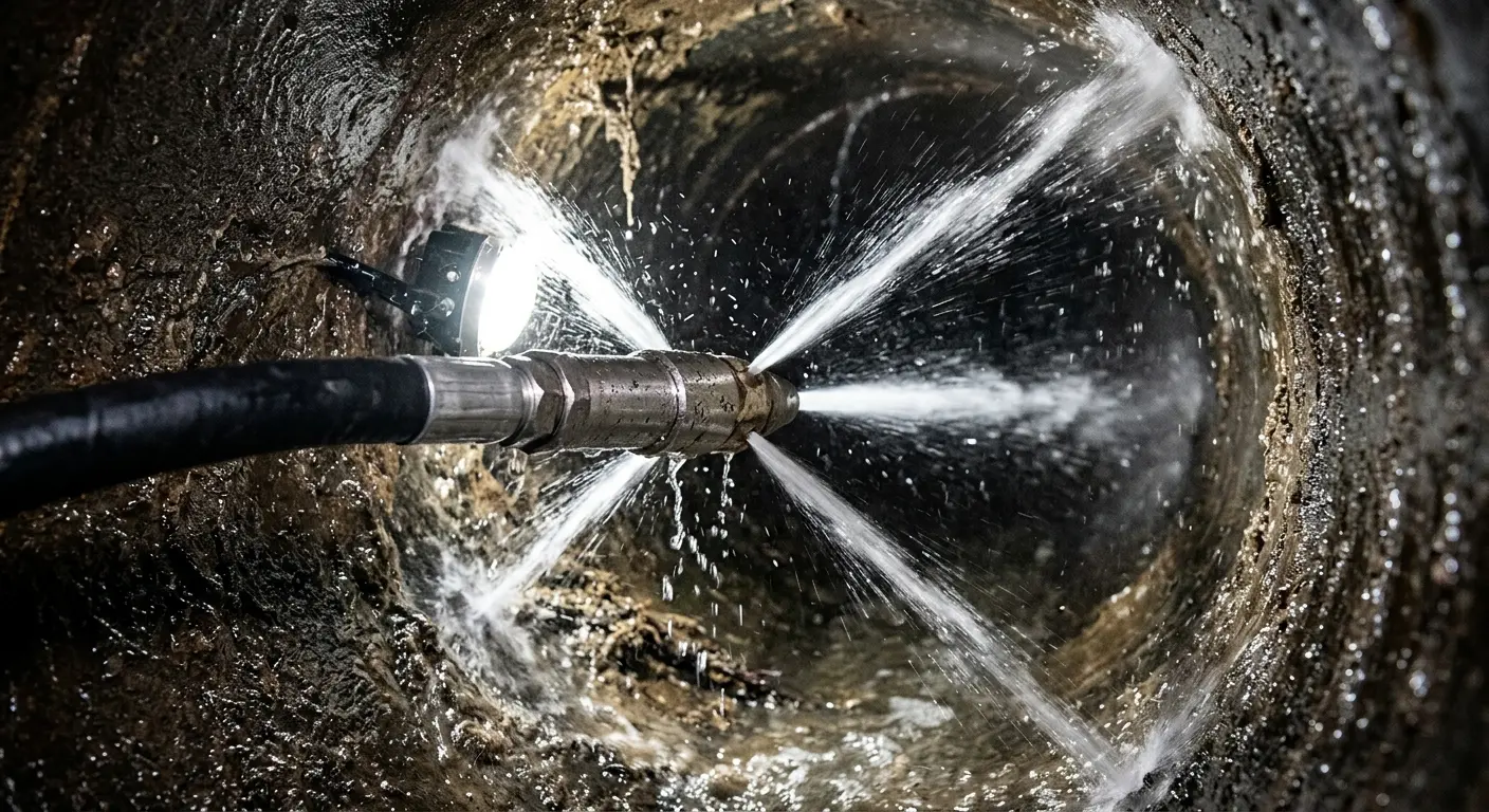 High-pressure hydro jetting nozzle cleaning sewer pipe for Sewer Cleanout in Boone