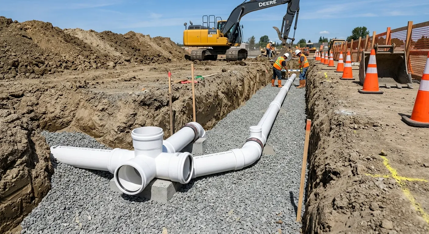 New PVC sewer pipe installation in open trench for Sewer Backup in Boone