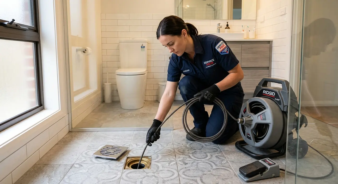 Technician clearing a bathroom floor drain for Clogged Drain Repair in Boone
